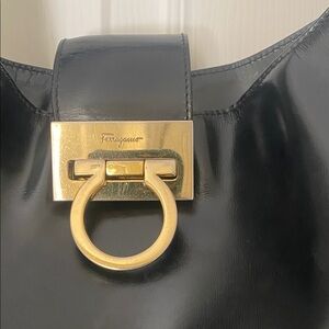 Salvatore Ferragamo Glossy Black Shoulder Bag with Gold Accent